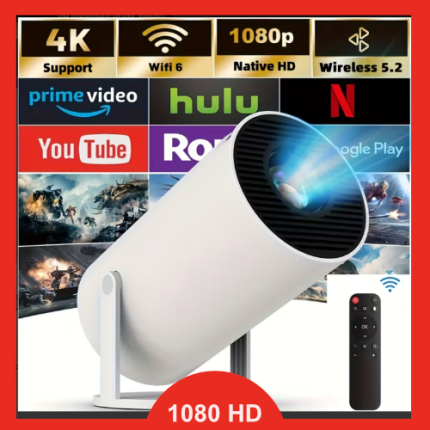 Mini portable 4K smart projector with Android 11, WiFi 6, native 1080P, 180° rotation, ceiling mount & Hi-Fi sound—perfect for home theater.
