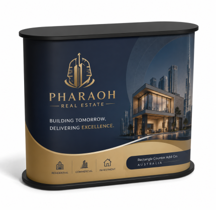 Professional Rectangle Counter Add-On featuring tool-free assembly, magnetic graphics, internal shelves, and a portable flat-pack design. Ideal for trade shows, exhibitions, retail promotions, conferences, and events across Australia.