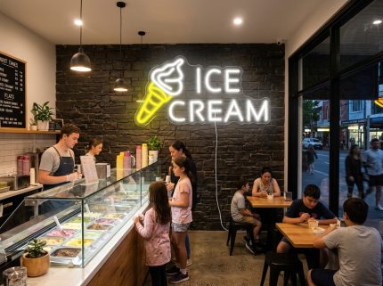 Sweet Ice Cream LED Neon Sign – Vibrant Neon Cone Light with USB & Dimmer Switch for Ice Cream Parlours, Cafes, Store Front Windows & Home Decor (USB Powered)